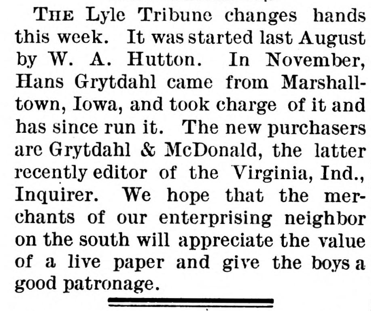 Lyle Tribune changes hands Lyle Historical Society